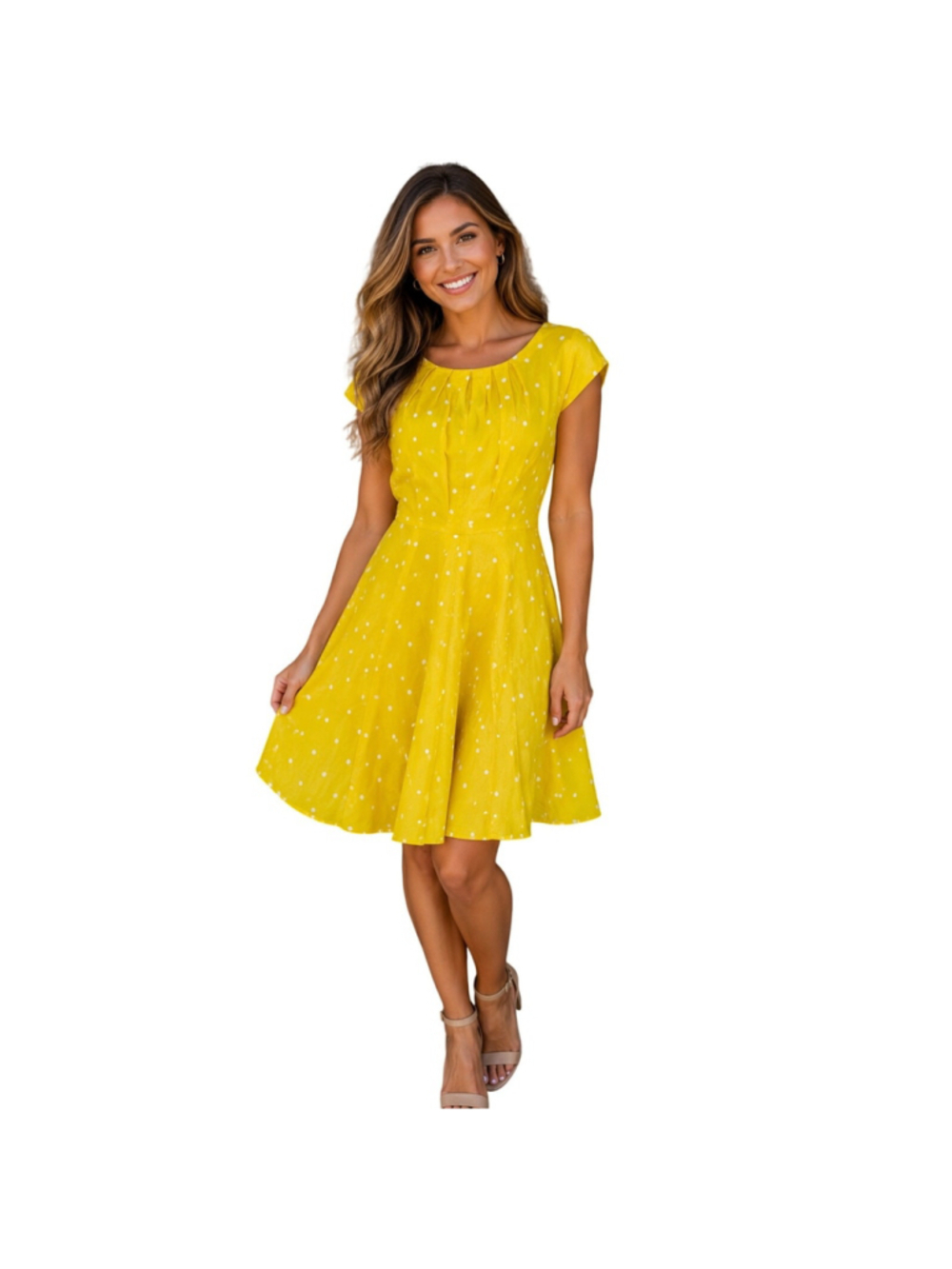 Boden 6P 6 PETITE bright yellow polka dot fit flare summer mini dress colorful
